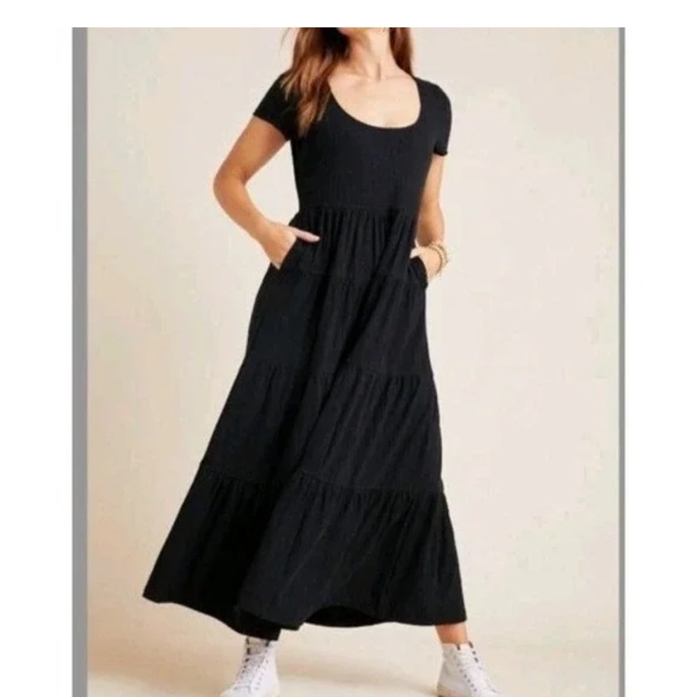 Maeve Black Short-Sleeve Gillian Tiered Midi Dress